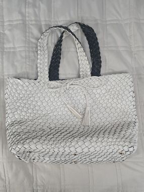 Reversible Woven Faux Leather Tote Black White Large Bag
